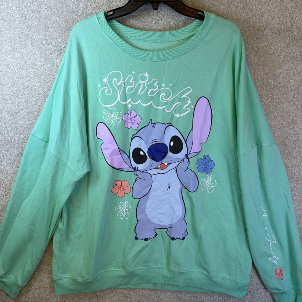 Disney Stitch Sweatshirt Women's 1X Green Ohana Family Floral Graphic Fleece NEW